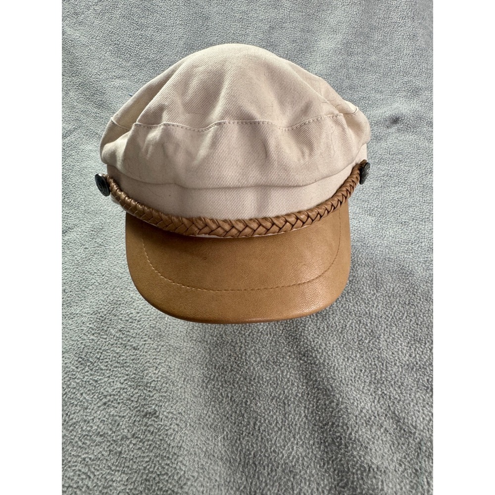 Hard Rock Cafe Newsboy Baker Boy Hat Cream Cotton Tan Leather‎ Visor One Size